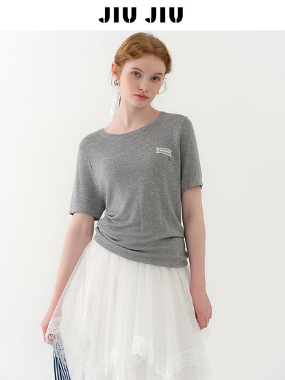 Knit T-Shirt With Lace Patch