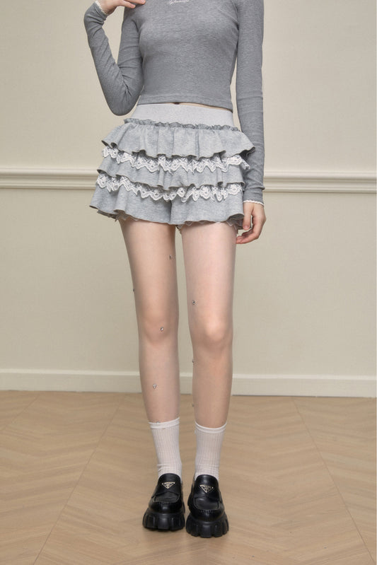Lace-Mixed Ruffle Skort In Two Tones