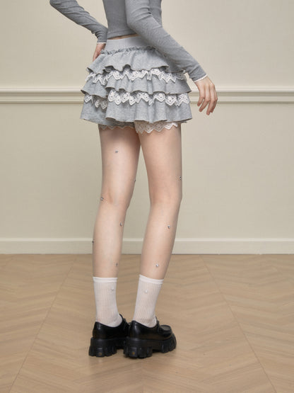 Lace-Mixed Ruffle Skort In Two Tones