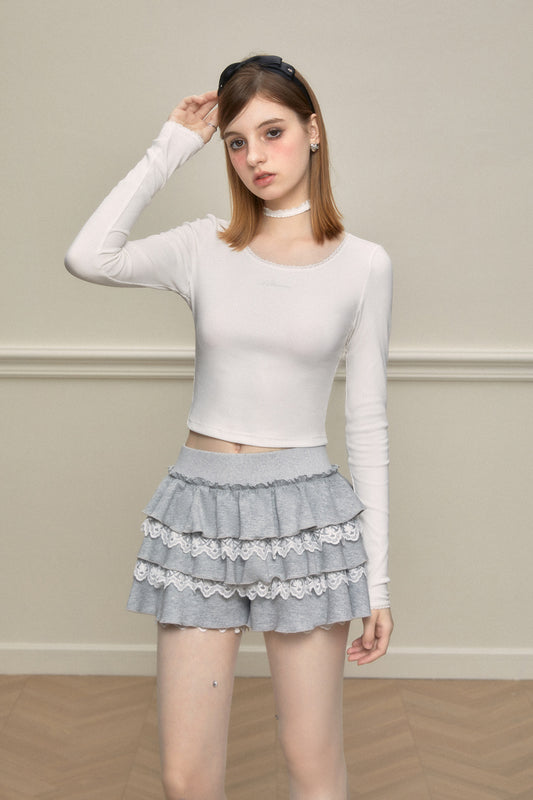 Lace-Mixed Ruffle Skort In Two Tones