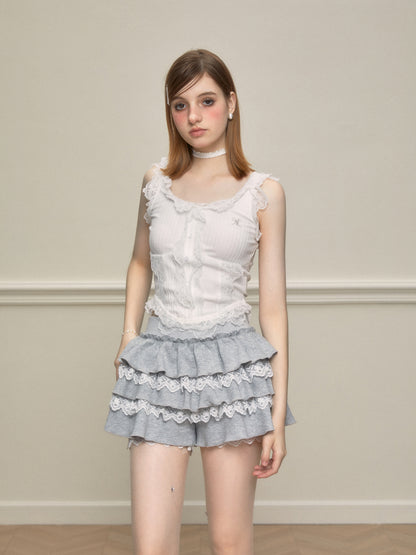 Lace-Mixed Ruffle Skort In Two Tones