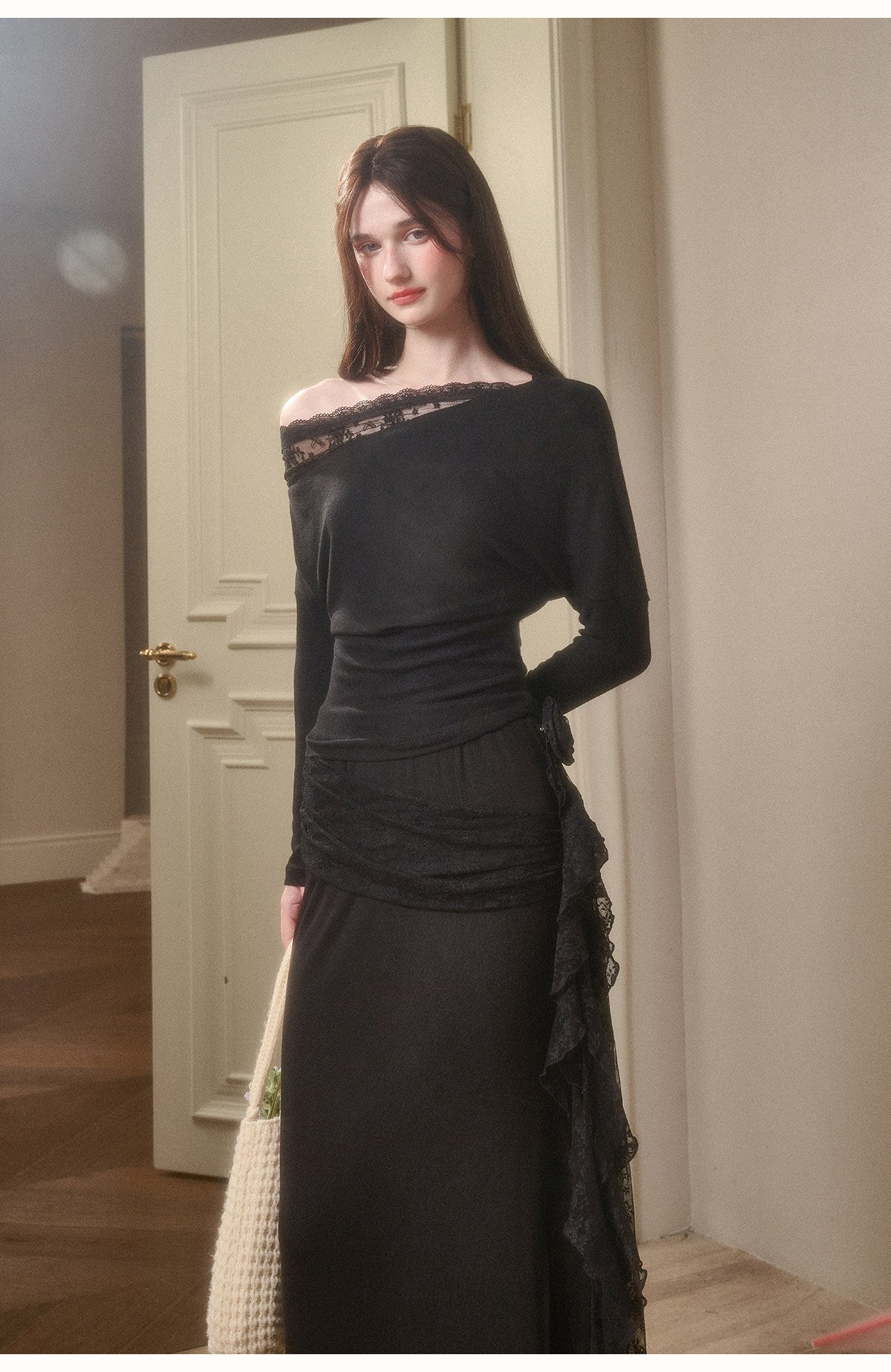 Lace-Detail Asymmetric One-Shoulder Top & Slit Skirt