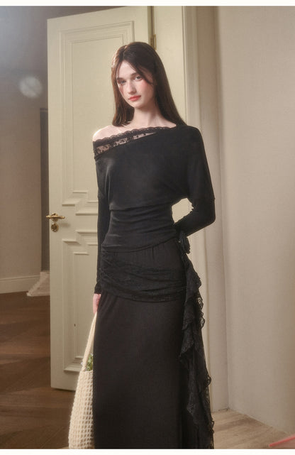 Lace-Detail Asymmetric One-Shoulder Top & Slit Skirt