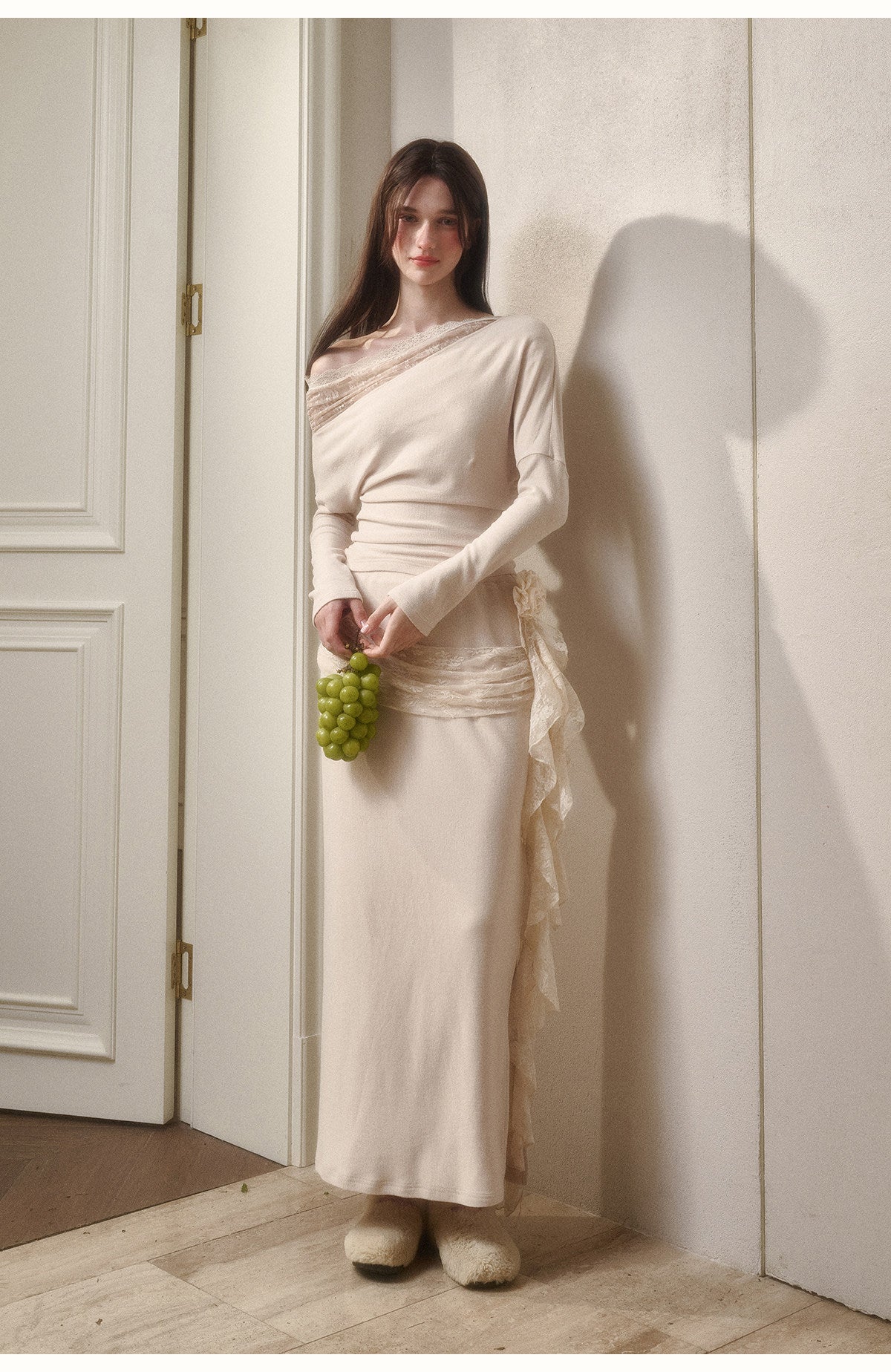 Lace-Detail Asymmetric One-Shoulder Top & Slit Skirt