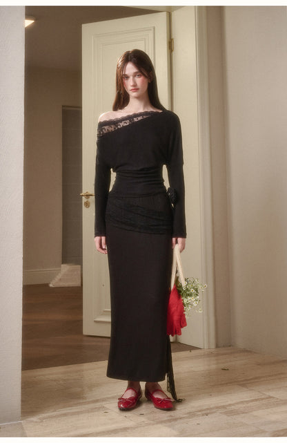 Lace-Detail Asymmetric One-Shoulder Top & Slit Skirt