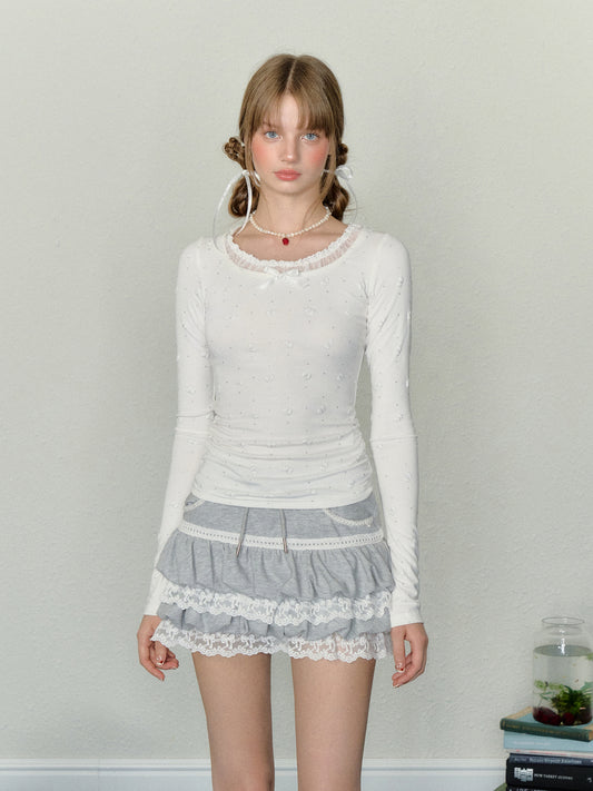 Bow Embroidered Polka Dot Fitted T-Shirt