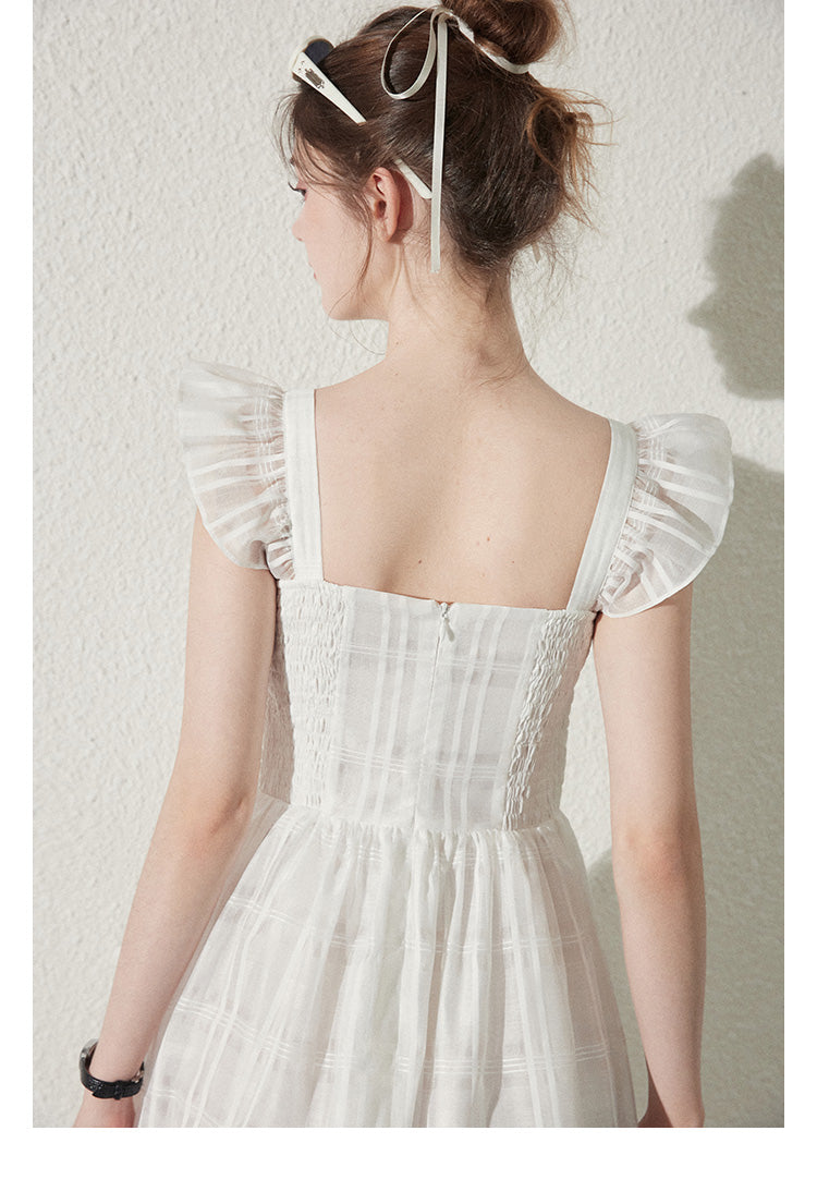 Butterfly-Sleeve Sheer Grid Dress With Bow Detail