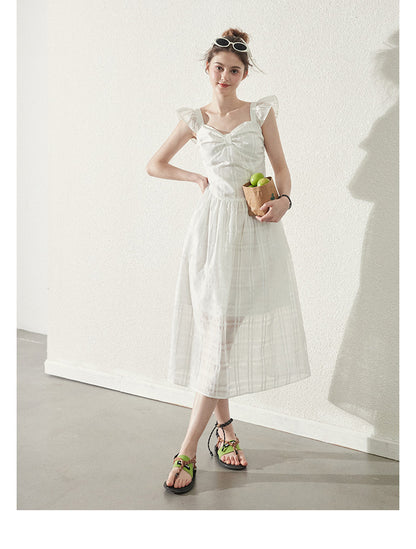 Butterfly-Sleeve Sheer Grid Dress With Bow Detail