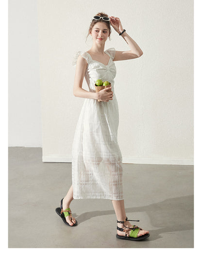 Butterfly-Sleeve Sheer Grid Dress With Bow Detail