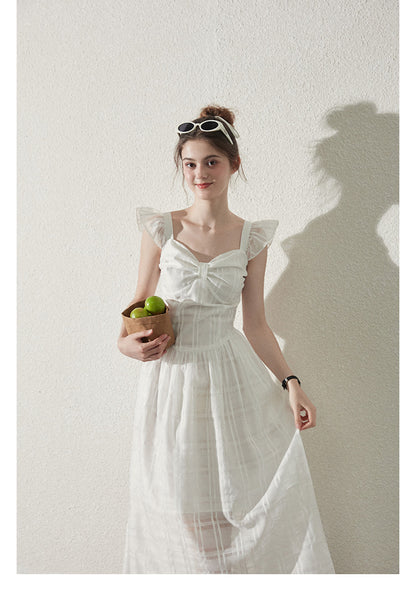 Butterfly-Sleeve Sheer Grid Dress With Bow Detail