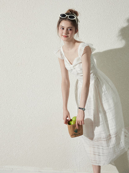 Butterfly-Sleeve Sheer Grid Dress With Bow Detail