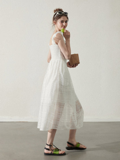 Butterfly-Sleeve Sheer Grid Dress With Bow Detail