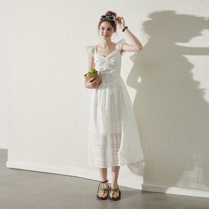Butterfly-Sleeve Sheer Grid Dress With Bow Detail