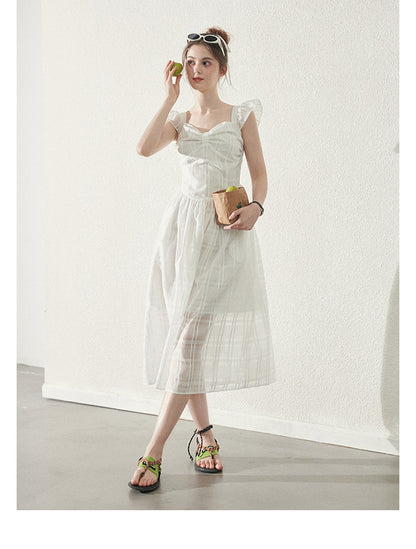 Butterfly-Sleeve Sheer Grid Dress With Bow Detail