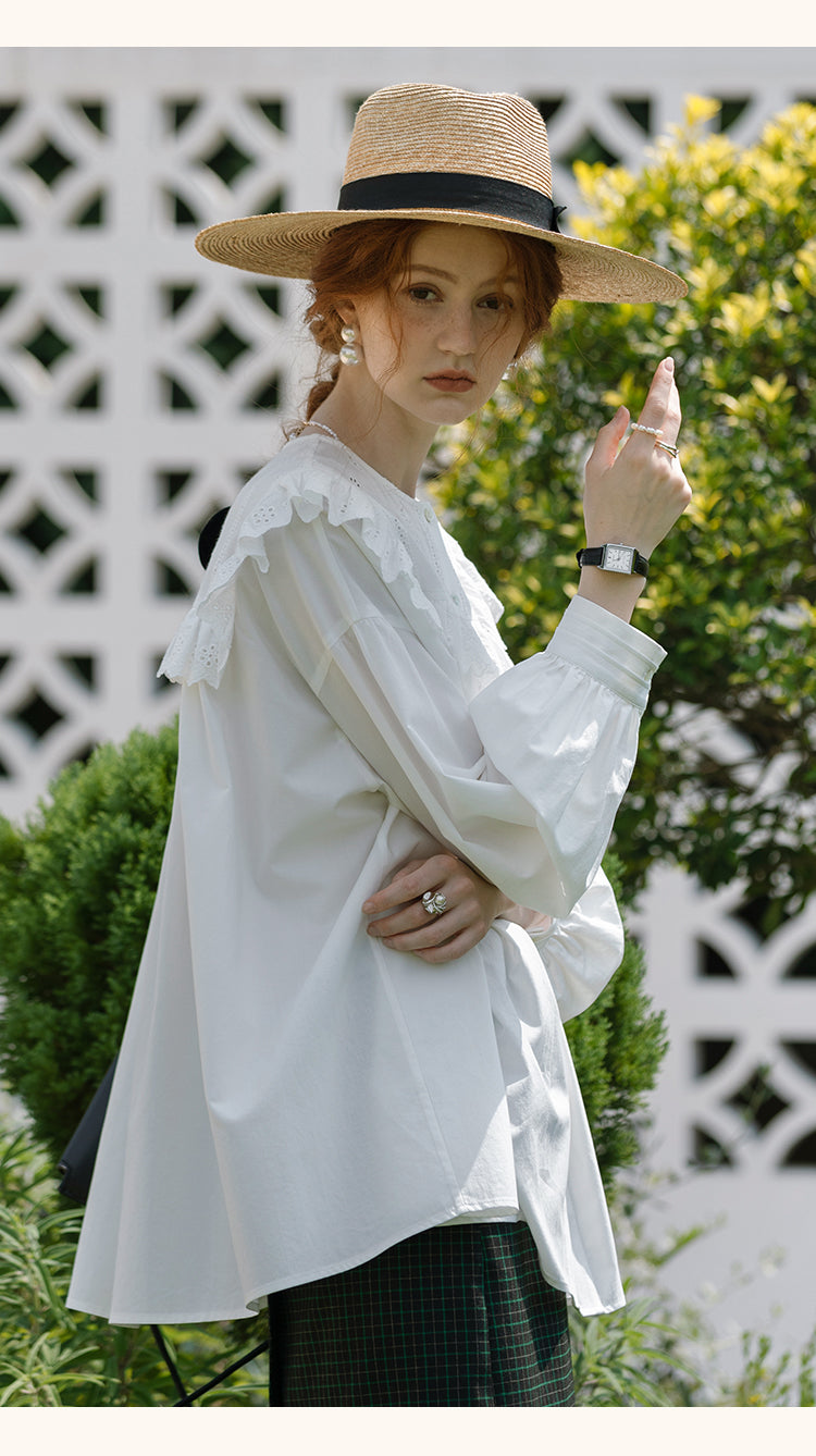 Oversized Embroidered Blouse With Ruffled Neck