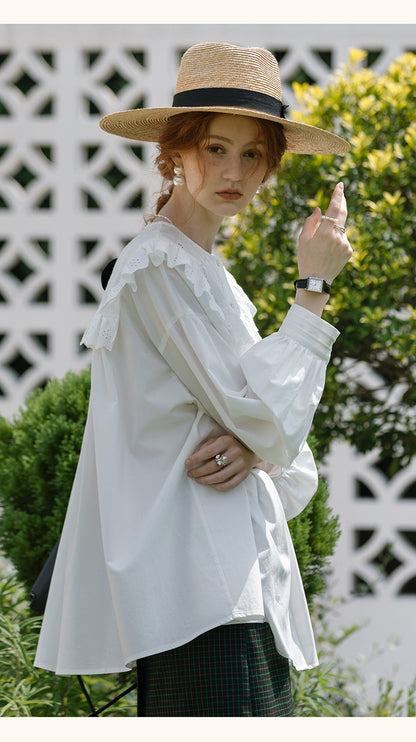 Oversized Embroidered Blouse With Ruffled Neck
