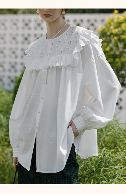 Oversized Embroidered Blouse With Ruffled Neck