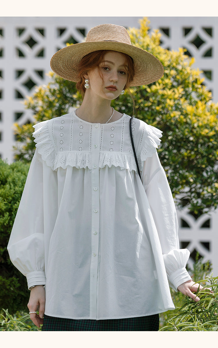 Oversized Embroidered Blouse With Ruffled Neck