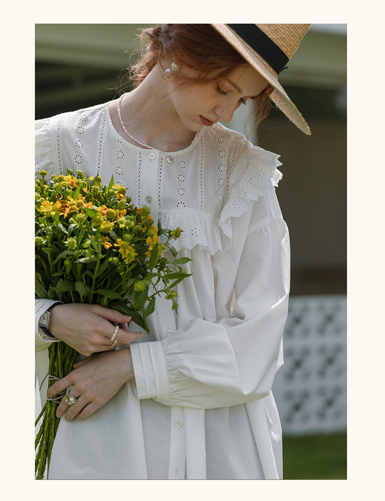 Oversized Embroidered Blouse With Ruffled Neck