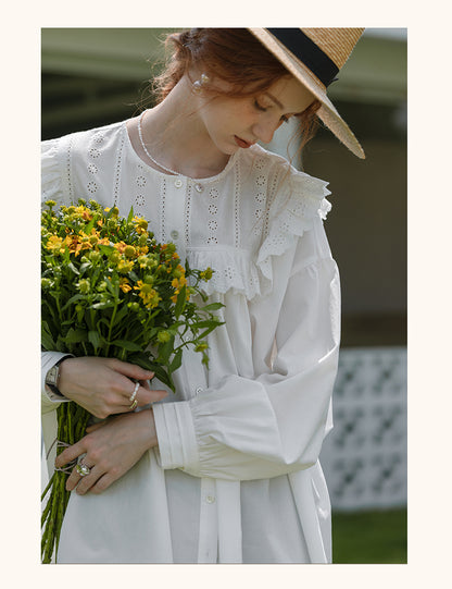 Oversized Embroidered Blouse With Ruffled Neck