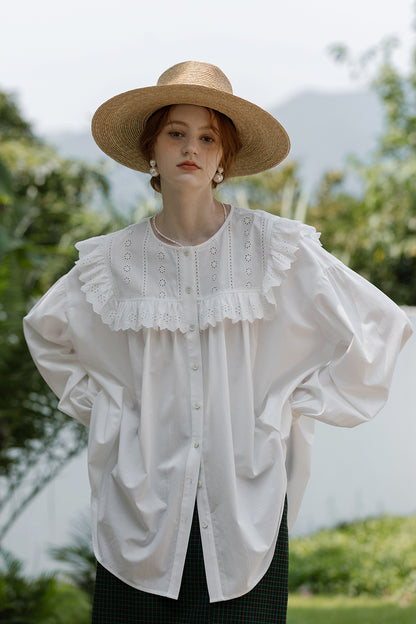 Oversized Embroidered Blouse With Ruffled Neck