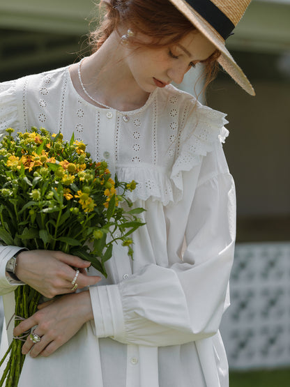 Oversized Embroidered Blouse With Ruffled Neck