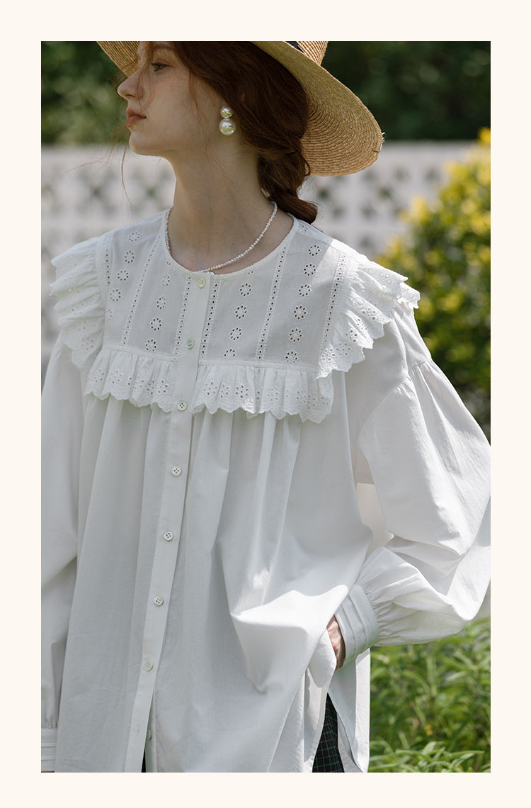Oversized Embroidered Blouse With Ruffled Neck