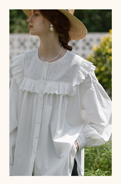 Oversized Embroidered Blouse With Ruffled Neck