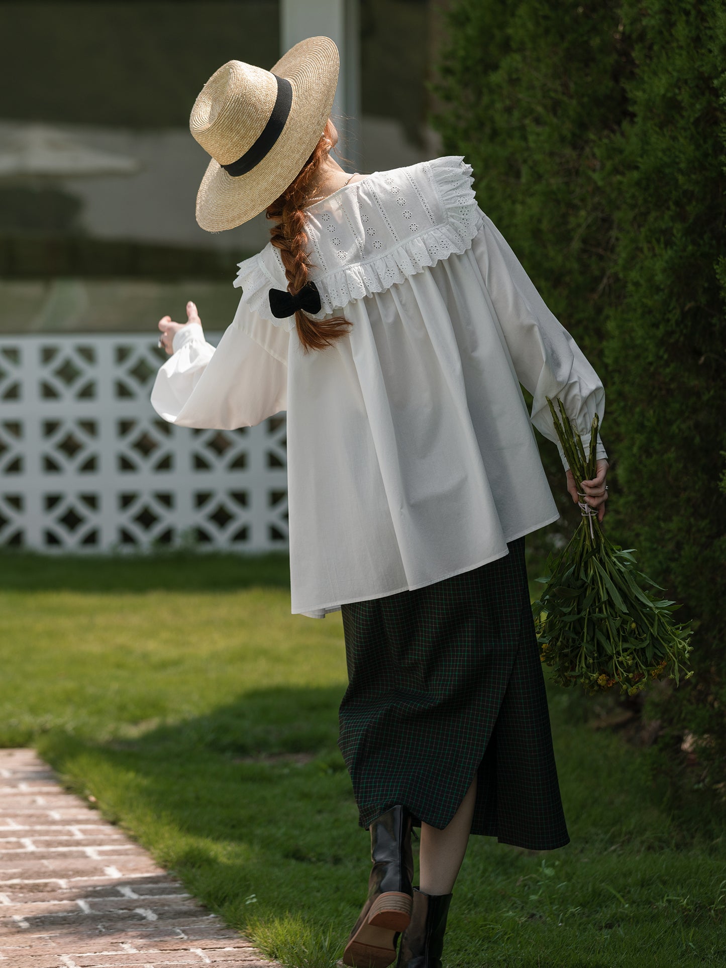 Oversized Embroidered Blouse With Ruffled Neck