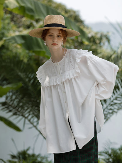 Oversized Embroidered Blouse With Ruffled Neck