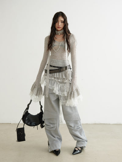Sheer Knit Top With Asymmetric Ruffled Lace Hem (hover)