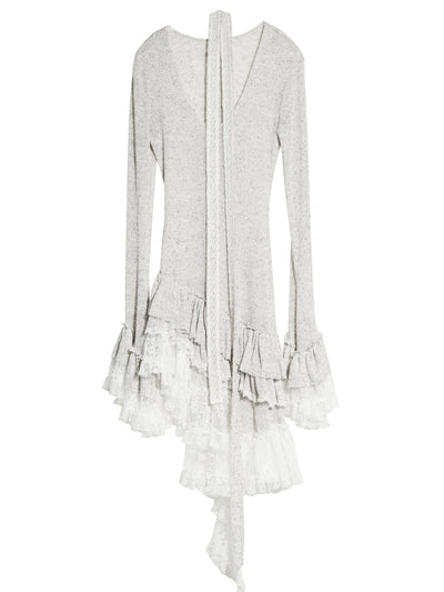 Sheer Knit Top With Asymmetric Ruffled Lace Hem