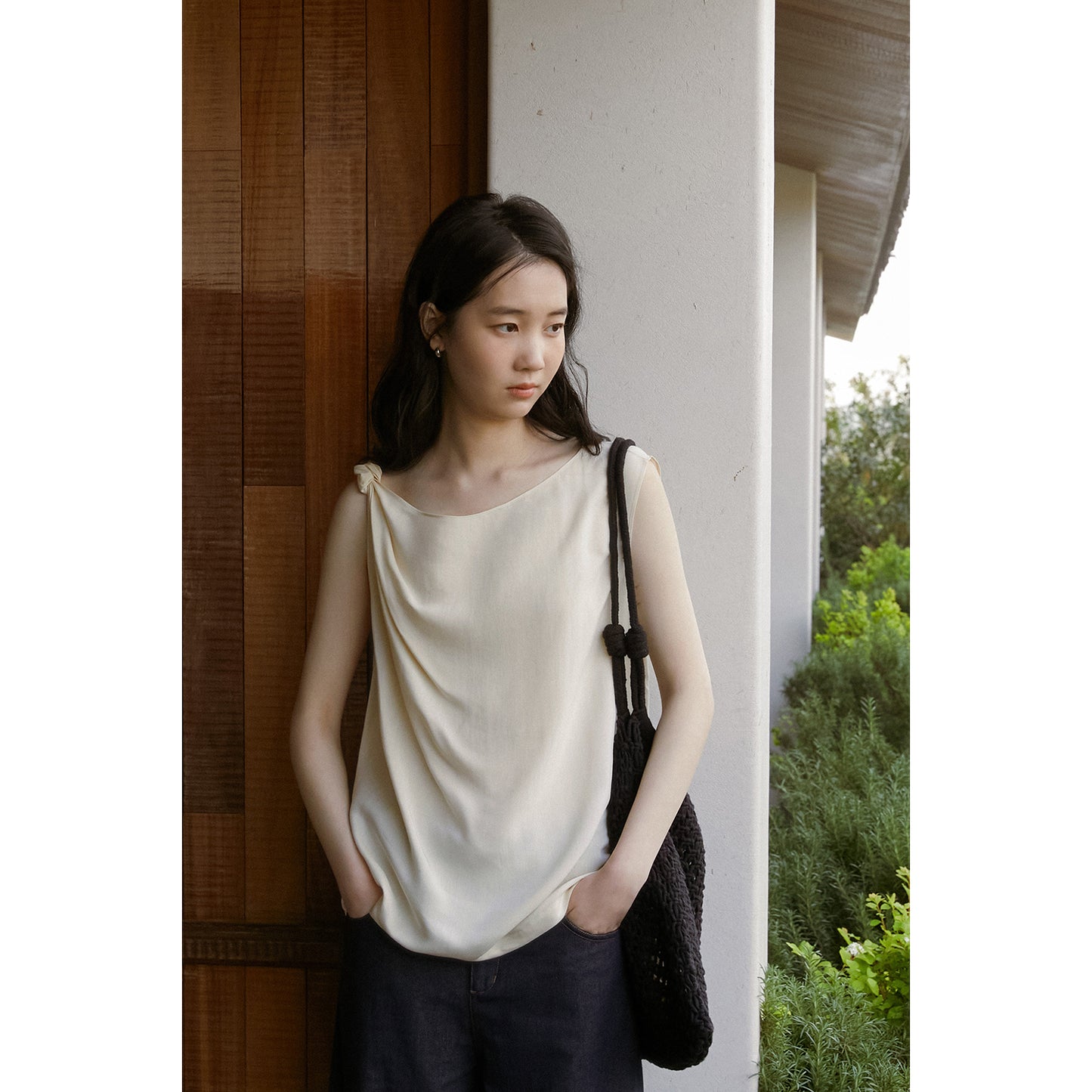 Asymmetric Knotted-Shoulder Sleeveless Top