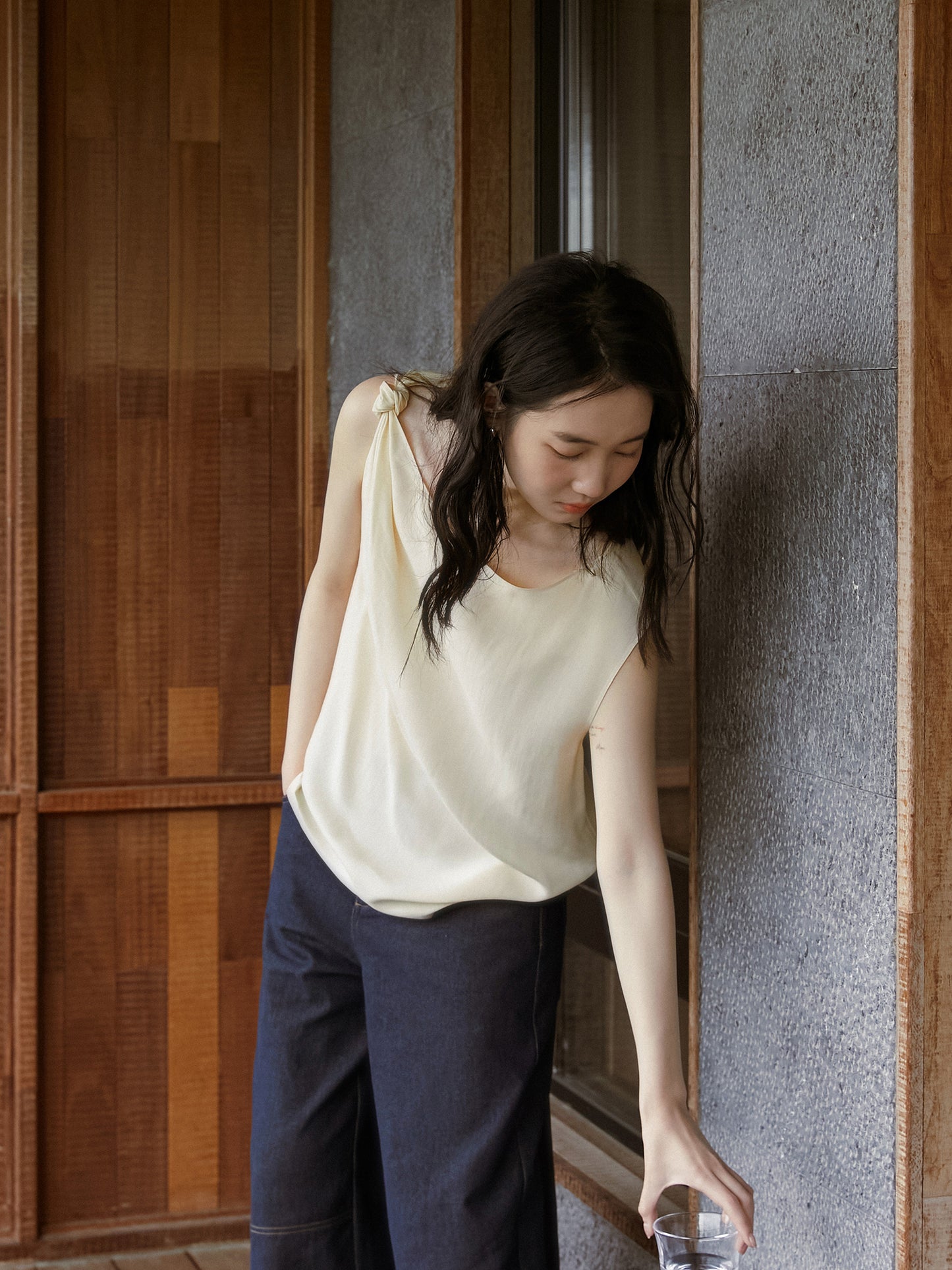 Asymmetric Knotted-Shoulder Sleeveless Top