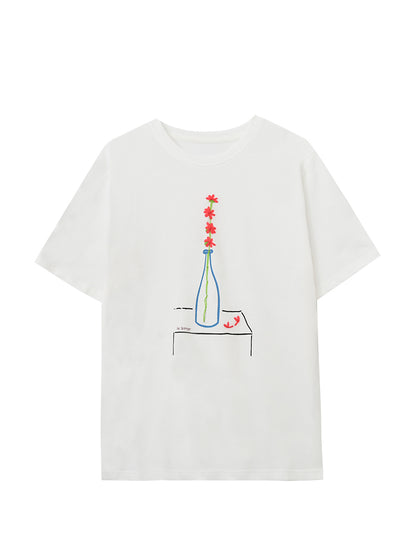 Embroidered Flower-In-Vase Print T-Shirt