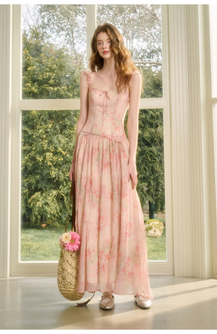 Floral Chiffon Maxi Dress With Waist Tie