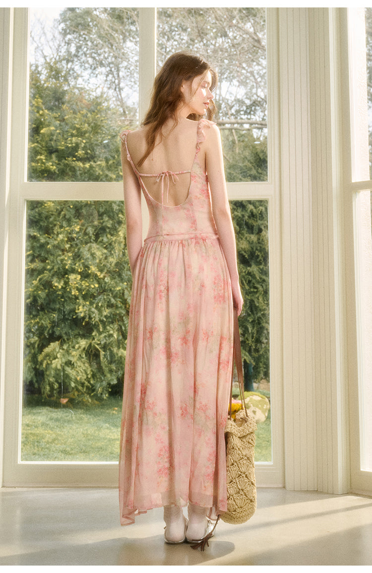 Floral Chiffon Maxi Dress With Waist Tie