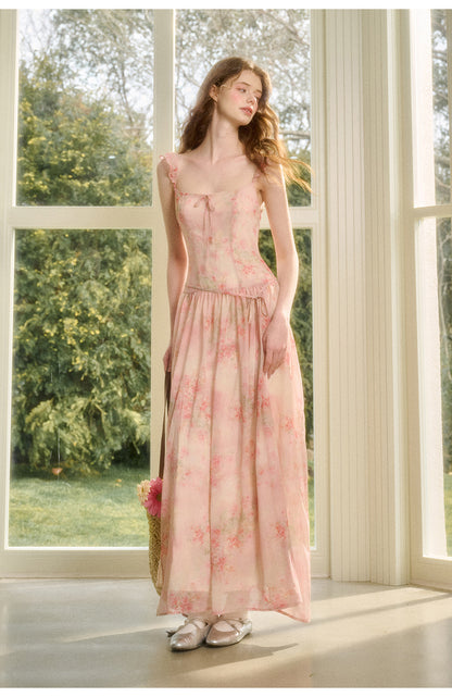 Floral Chiffon Maxi Dress With Waist Tie