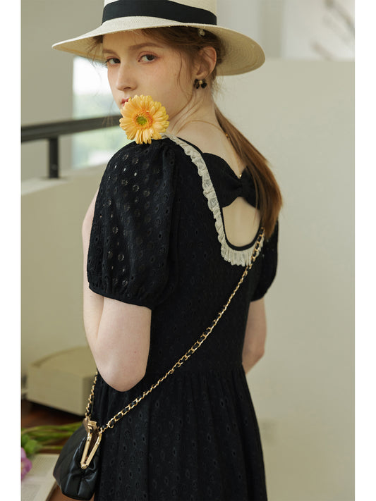 Contrast Lace-Trimmed Puff-Sleeve Dress With Bow Detail