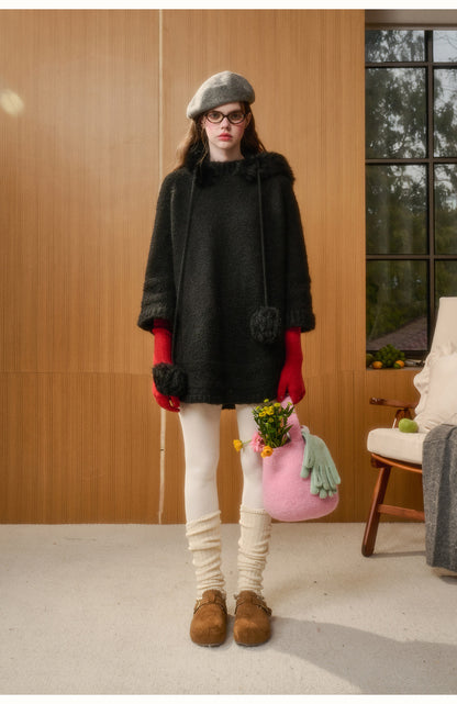 Wool Blend Hooded Pom-Pom Knit Dress