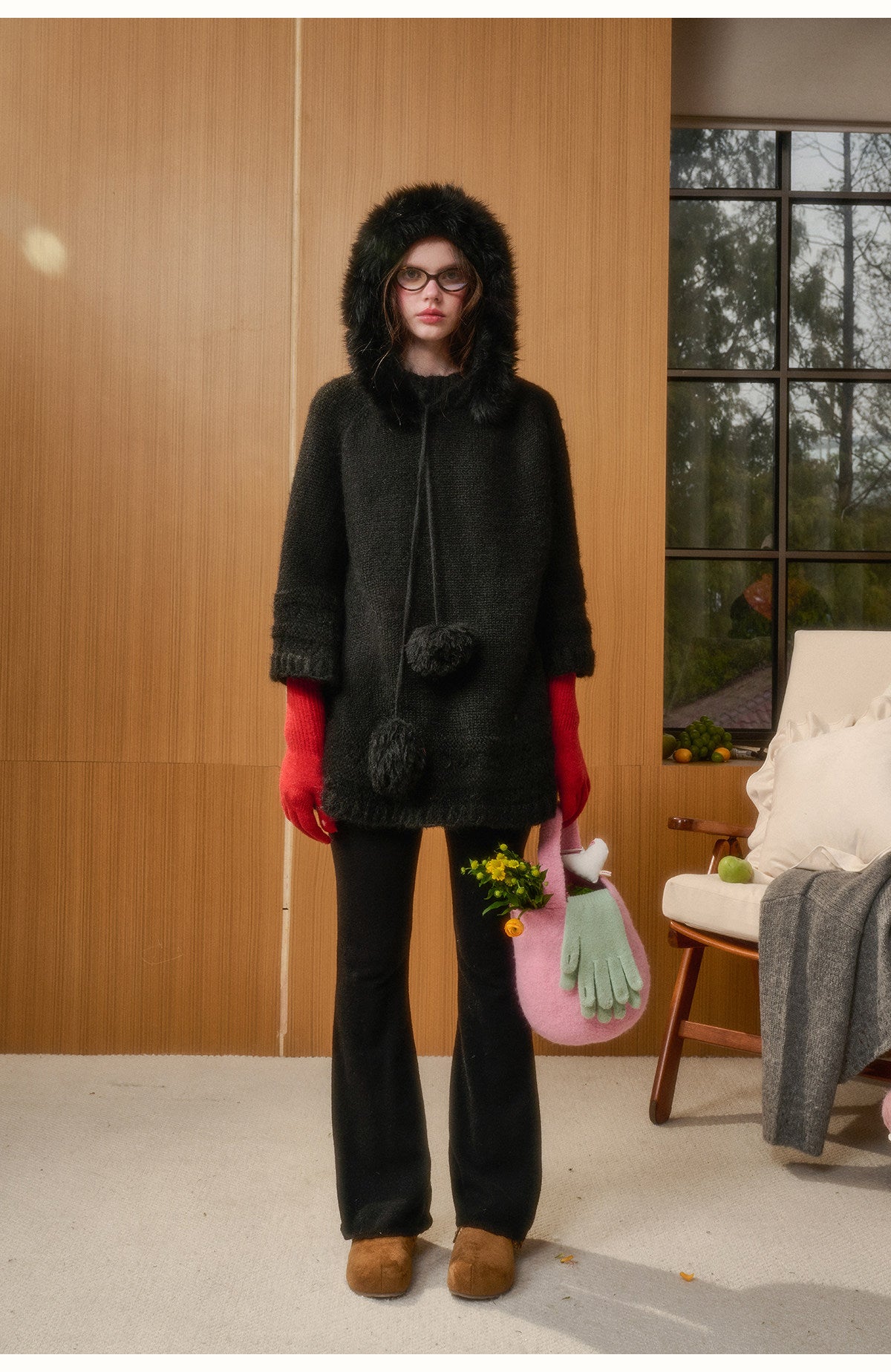 Wool Blend Hooded Pom-Pom Knit Dress