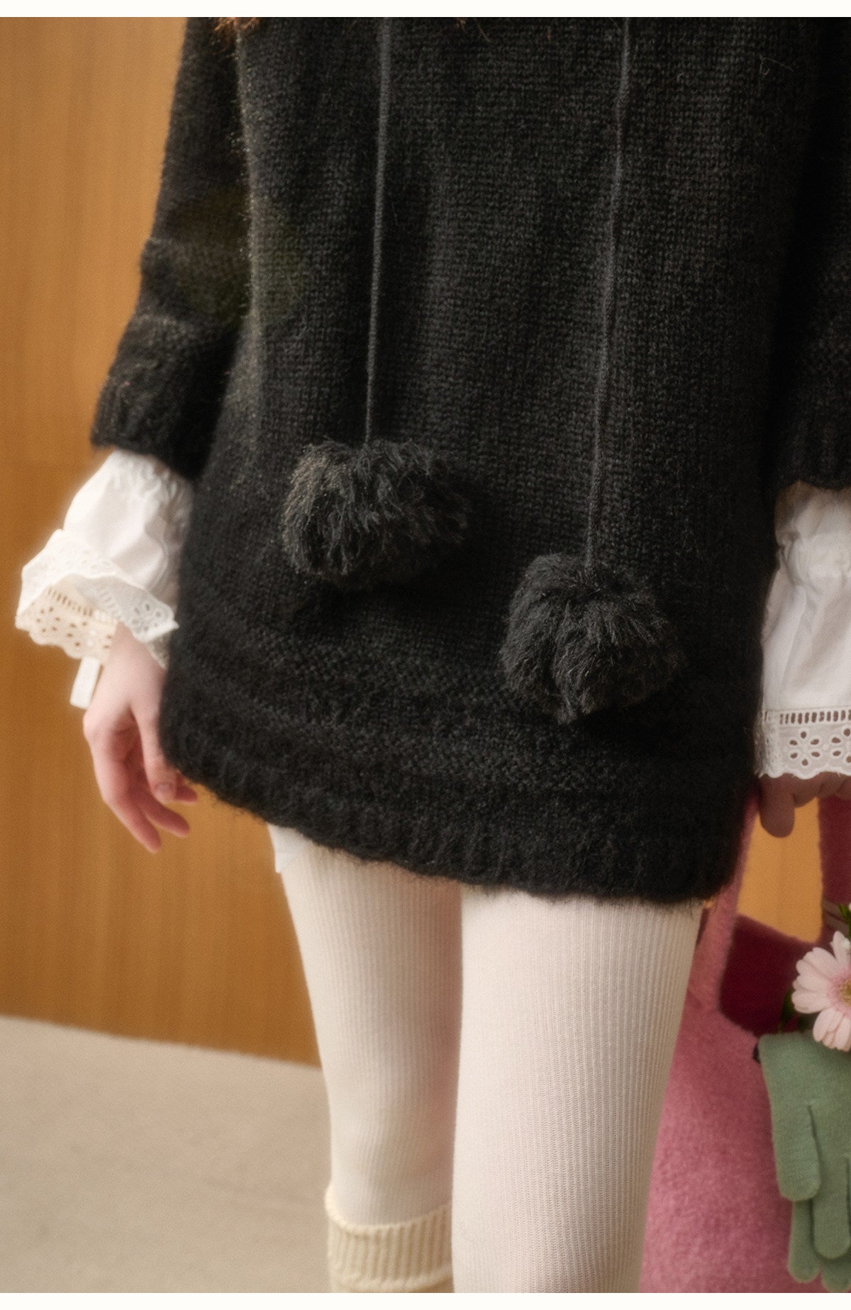 Wool Blend Hooded Pom-Pom Knit Dress