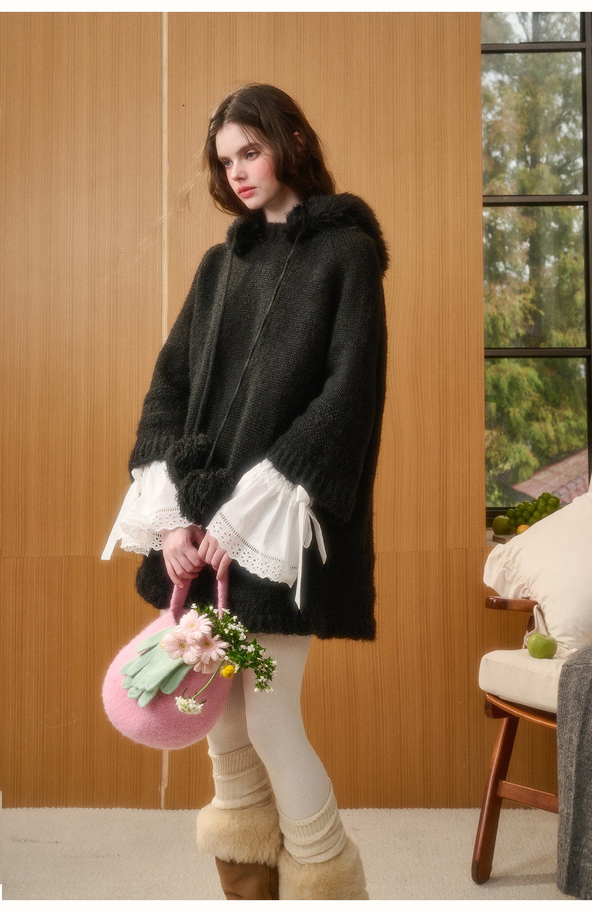 Wool Blend Hooded Pom-Pom Knit Dress