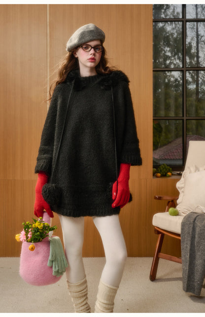 Wool Blend Hooded Pom-Pom Knit Dress