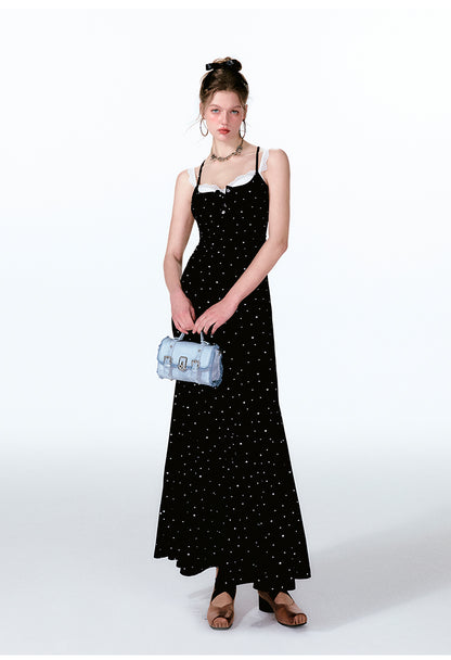 Dotted Faux Layered Fishtail Dress With Front Buttons