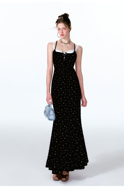 Dotted Faux Layered Fishtail Dress With Front Buttons