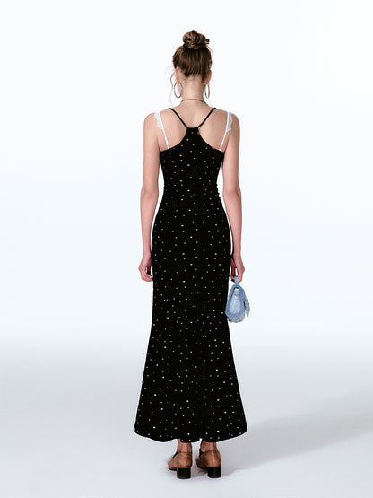 Dotted Faux Layered Fishtail Dress With Front Buttons