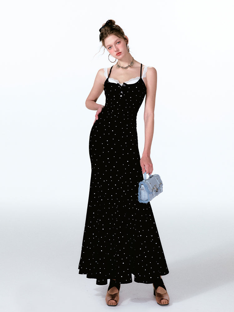 Dotted Faux Layered Fishtail Dress With Front Buttons