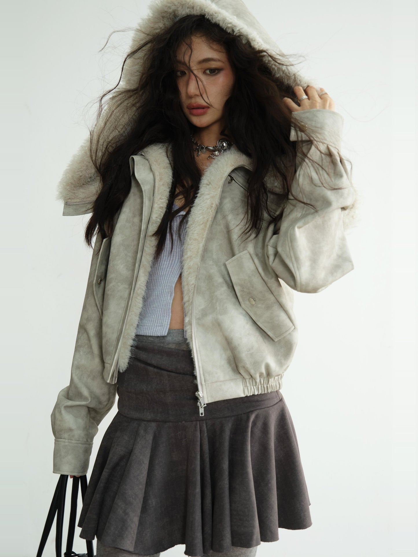 Washed Raw Edge Draped Short Skirt
