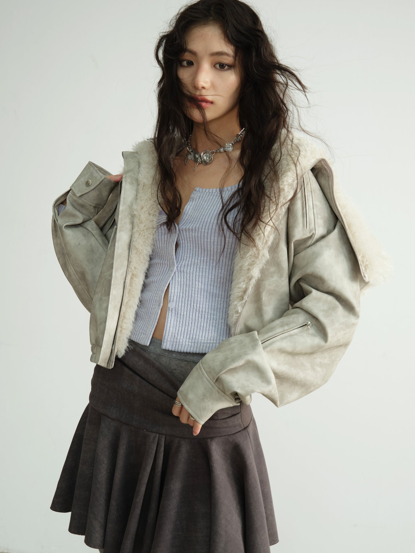 Washed Raw Edge Draped Short Skirt